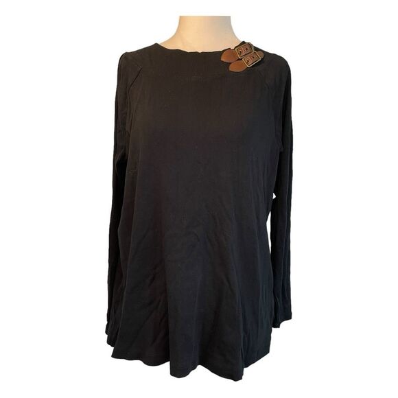 Lauren Ralph Lauren Leather Buckle Detail Sweater Black Cotton Knit Crewneck 1X - Picture 1 of 6